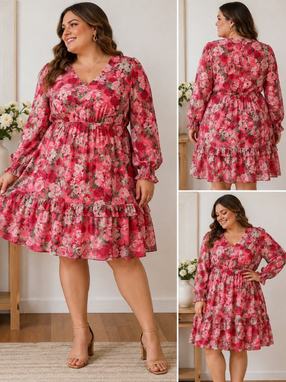 Maison Tara 20W Floral Tiered Long Sleeve V-Neck Dress Pink Red
